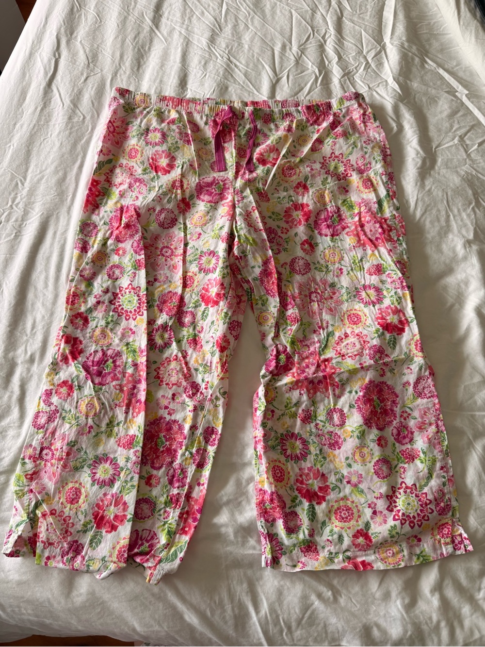 Pink and green floral cotton capri pajama pants